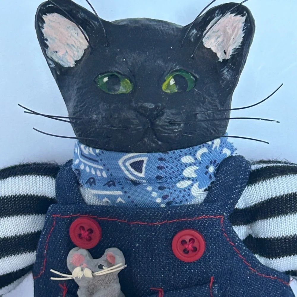 Primitive Looking Black Cat Figurine Handmade Folk Art Doll in‎ Denim Overalls